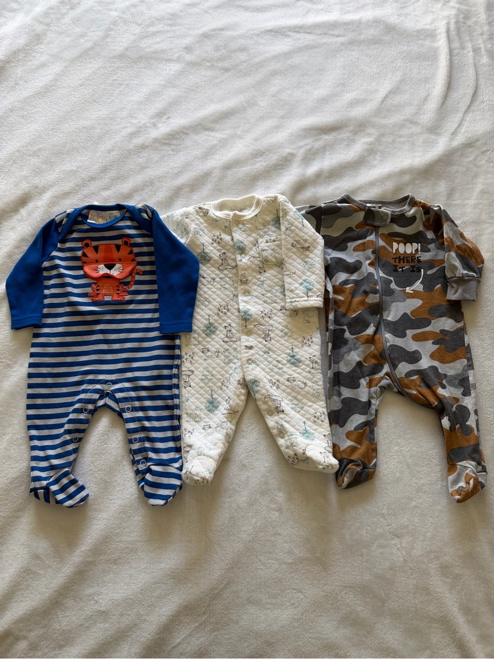 3 Baby Onesies Cotton Footed Pajama Set - Blue Stripe, Cream Print, Camo 0/3 M